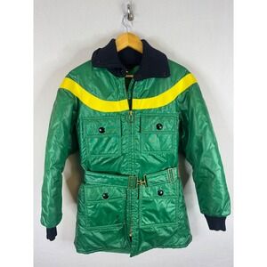 Vintage John Deere Fashionaire Green Snowmobile Jacket Belted Hooded Women Small